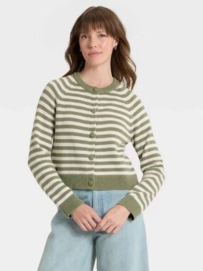 Olive Green a& White Striped Button-Front Cardigan Sz XL Universal Thread